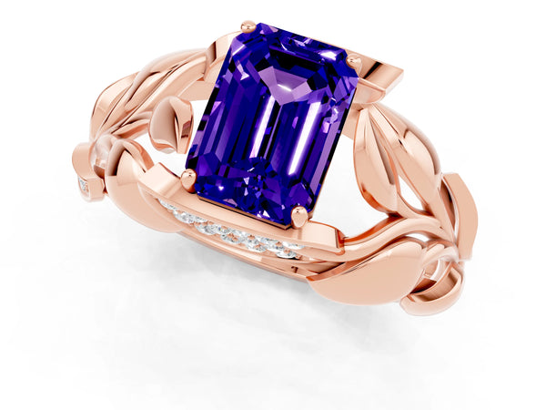 Rose gold Emerald Cut Tanzanite Leaf-Inspired Engagement Ring with Round Accents and Prong Setting