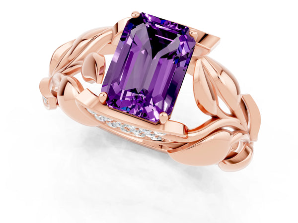 Rose gold Emerald Cut Amethyst Leaf-Inspired Engagement Ring with Round Accents and Prong Setting