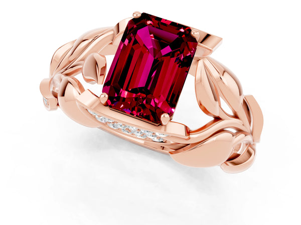 Rose gold Emerald Cut Garnet Leaf-Inspired Engagement Ring with Round Accents and Prong Setting