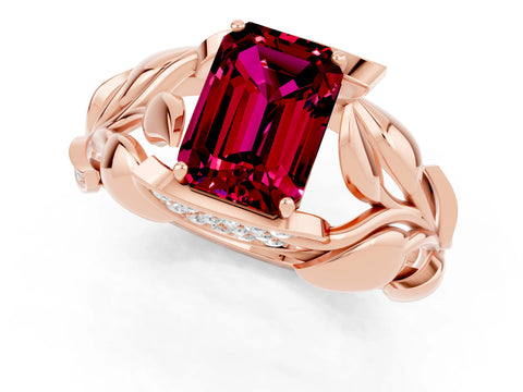 Rose gold Emerald Cut Solitaire Leaf-Inspired Engagement Ring with Prong Setting_1