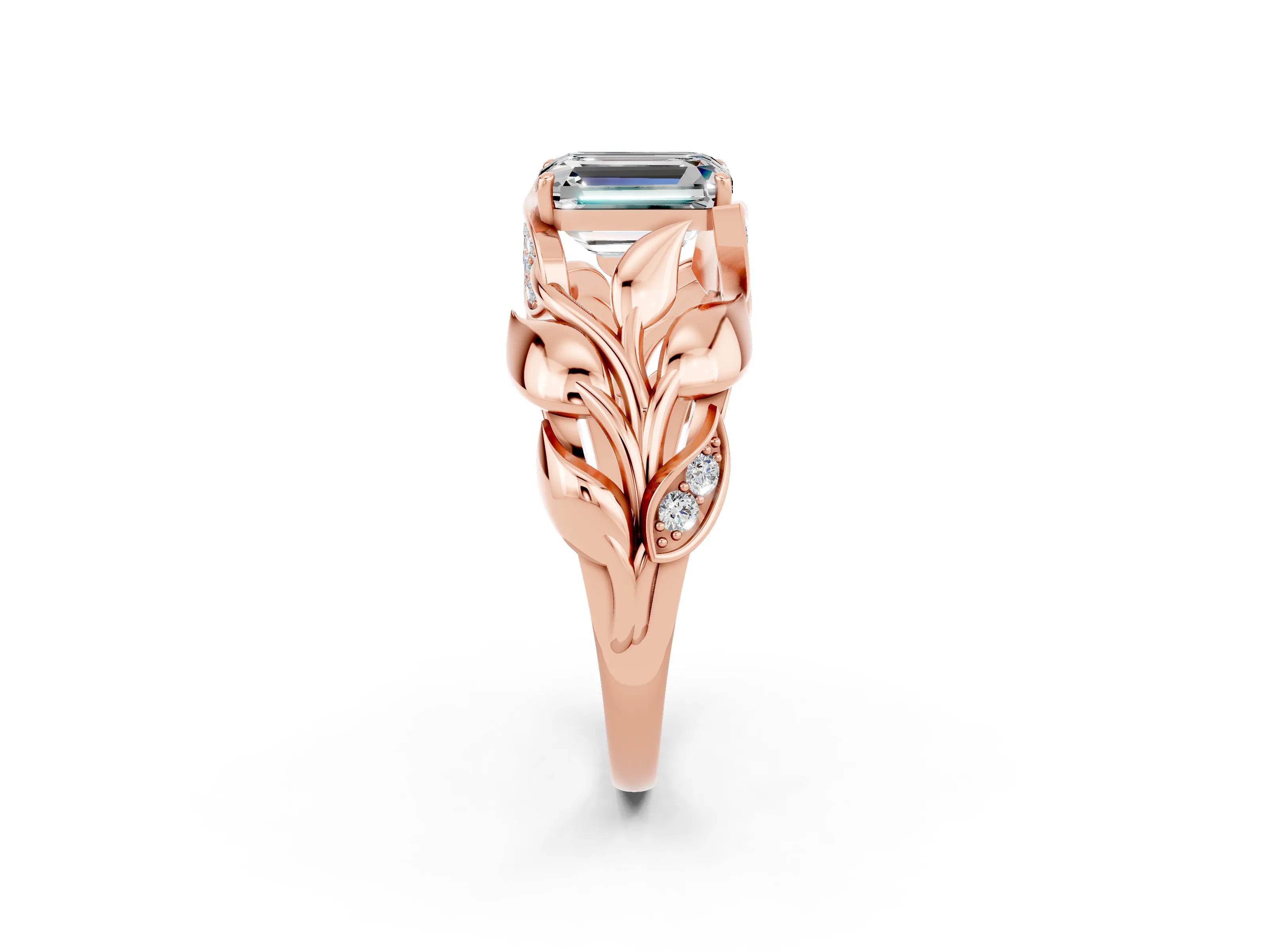 Rose gold Emerald Cut Solitaire Leaf-Inspired Engagement Ring with Prong Setting_2