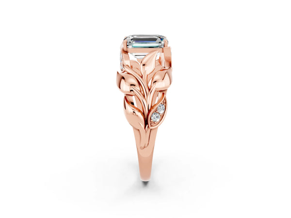 Rose gold Emerald Cut Moissanite Leaf-Inspired Engagement Ring with Round Accents and Prong Setting