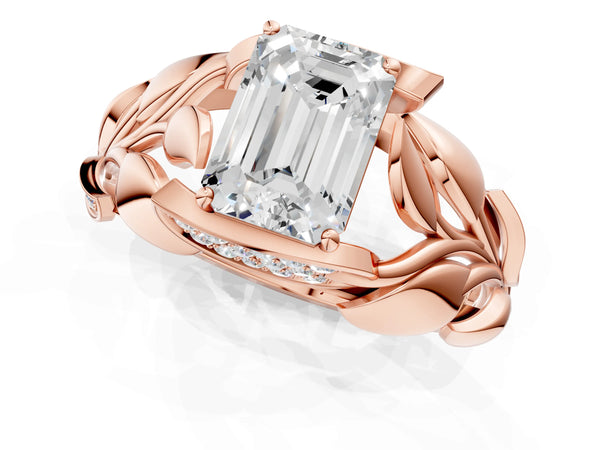 Rose gold Emerald Cut Solitaire Leaf-Inspired Engagement Ring with Prong Setting