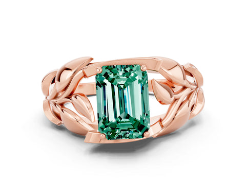 Rose gold Emerald Cut Solitaire Leaf-Inspired Engagement Ring with Prong Setting