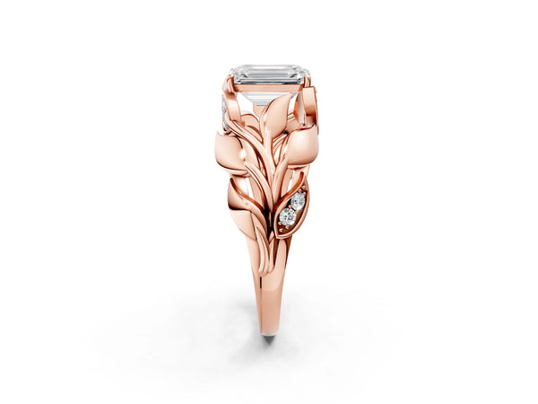 Rose gold Emerald Cut Solitaire Leaf-Inspired Engagement Ring with Prong Setting