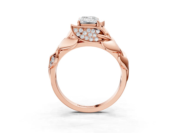 Rose gold Emerald Cut Solitaire Leaf-Inspired Engagement Ring with Prong Setting