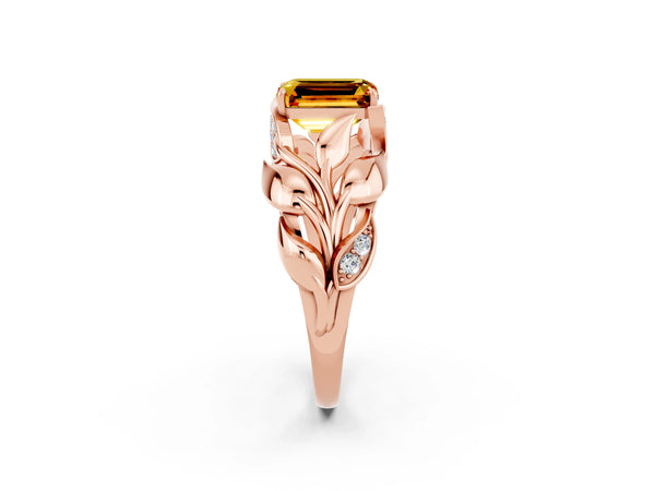 Rose gold Emerald Cut Citrine Leaf-Inspired Engagement Ring with Round Accents and Prong Setting