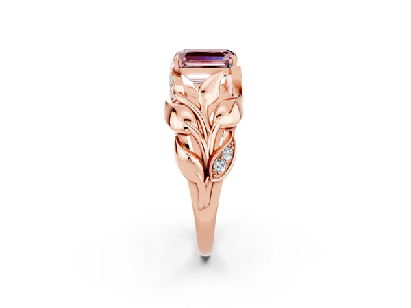 Rose gold Emerald Cut Solitaire Leaf-Inspired Engagement Ring with Prong Setting