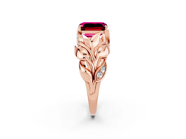 Rose gold Emerald Cut Garnet Leaf-Inspired Engagement Ring with Round Accents and Prong Setting