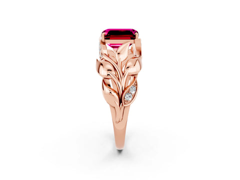 Rose gold Emerald Cut Solitaire Leaf-Inspired Engagement Ring with Prong Setting_2