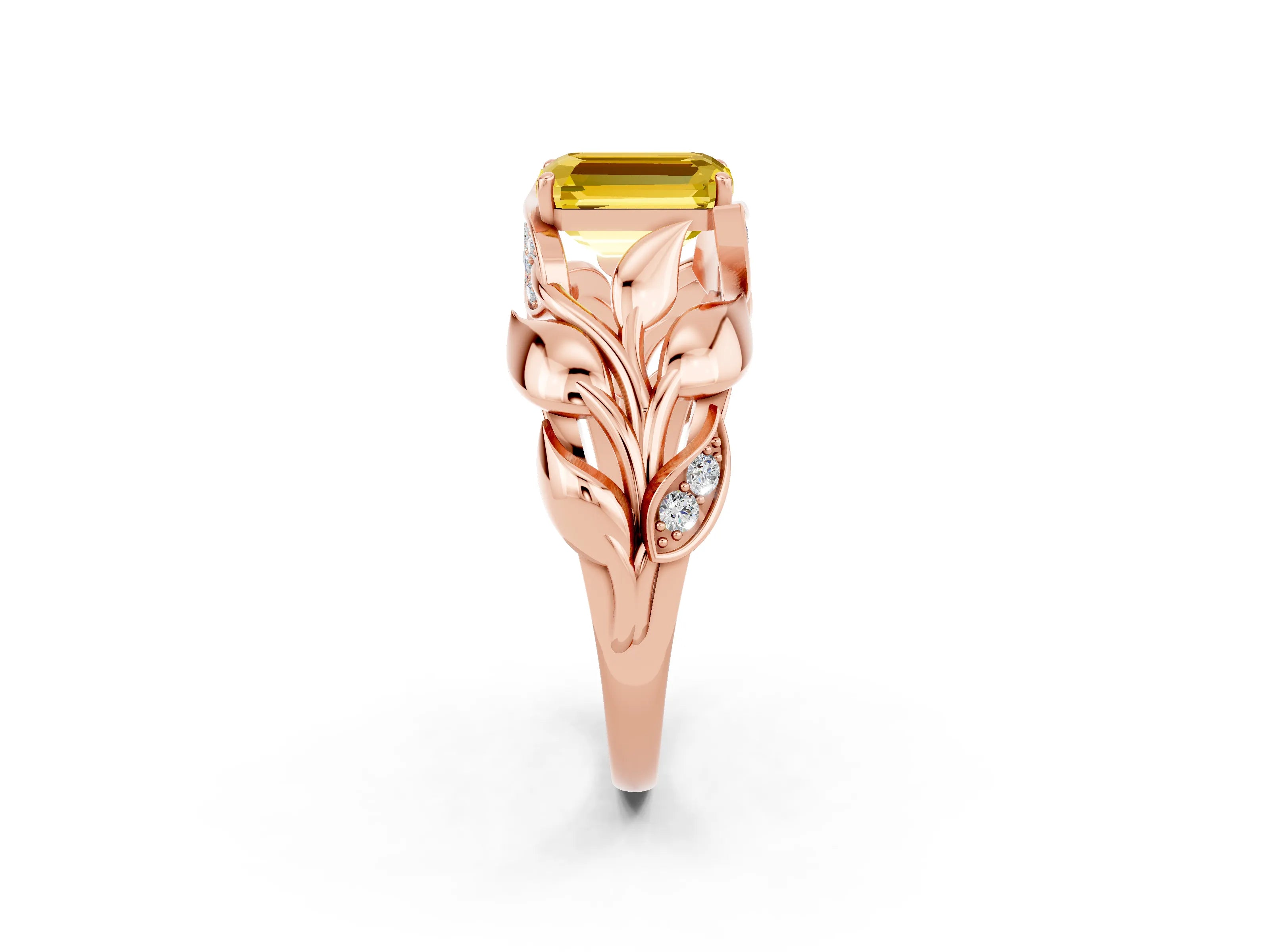 Rose gold Emerald Cut Solitaire Leaf-Inspired Engagement Ring with Prong Setting_2