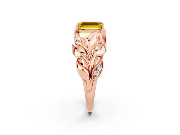 Rose gold Emerald Cut Yellow Sapphire Leaf-Inspired Engagement Ring with Round Accents and Prong Setting