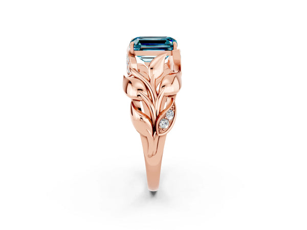 Rose gold Emerald Cut Solitaire Leaf-Inspired Engagement Ring with Prong Setting