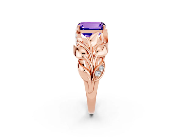 Rose gold Emerald Cut Tanzanite Leaf-Inspired Engagement Ring with Round Accents and Prong Setting
