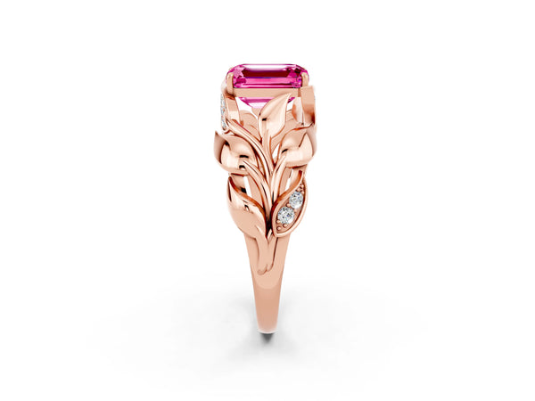 Rose gold Emerald Cut Pink Sapphire Leaf-Inspired Engagement Ring with Round Accents and Prong Setting