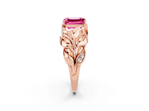 Rose gold Emerald Cut Solitaire Leaf-Inspired Engagement Ring with Prong Setting_2