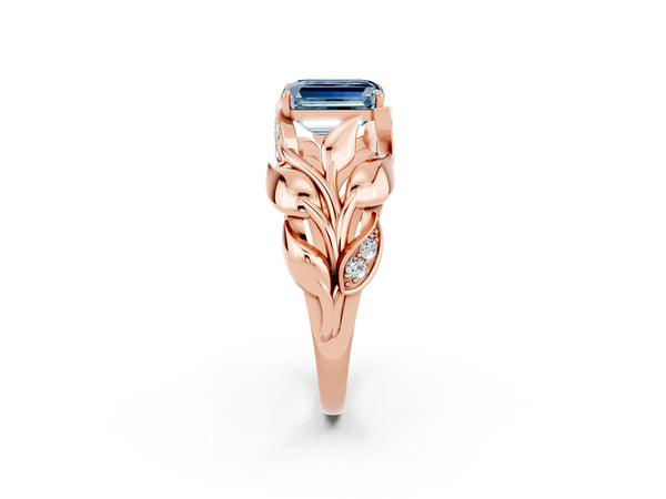 Rose gold Emerald Cut Aquamarine Leaf-Inspired Engagement Ring with Round Accents and Prong Setting