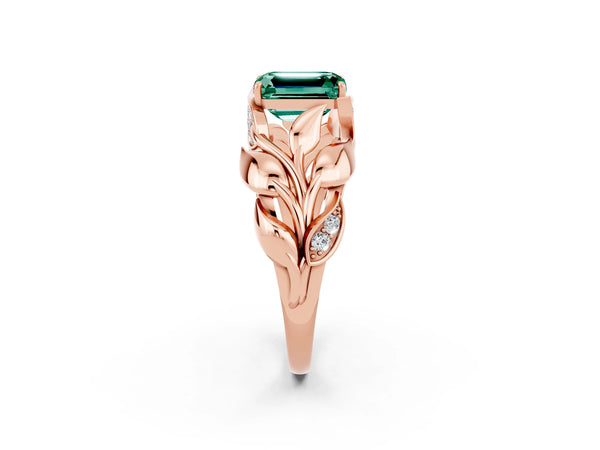 Rose gold Emerald Cut Green Sapphire Leaf-Inspired Engagement Ring with Round Accents and Prong Setting