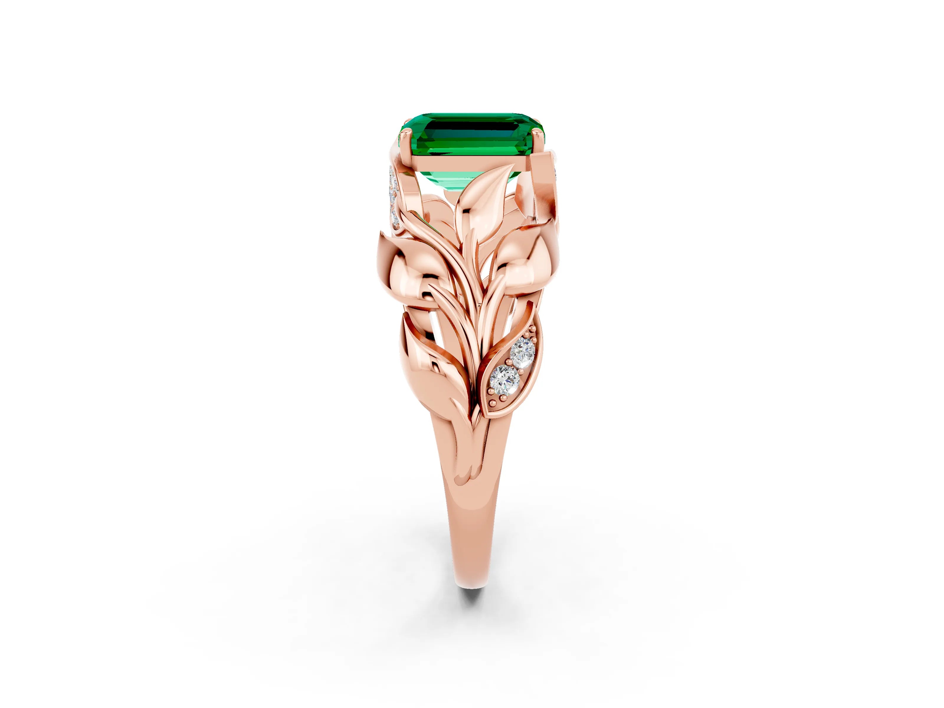 Rose gold Emerald Cut Solitaire Leaf-Inspired Engagement Ring with Prong Setting_2