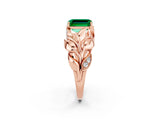 Rose gold Emerald Cut Solitaire Leaf-Inspired Engagement Ring with Prong Setting_2