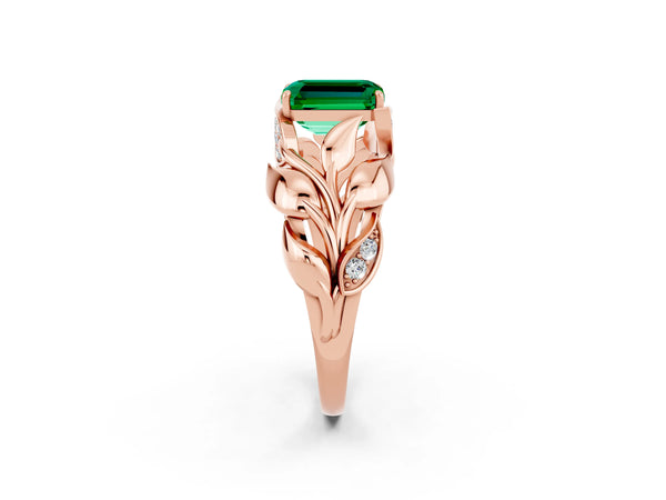 Rose gold Emerald Cut Emerald Leaf-Inspired Engagement Ring with Round Accents and Prong Setting