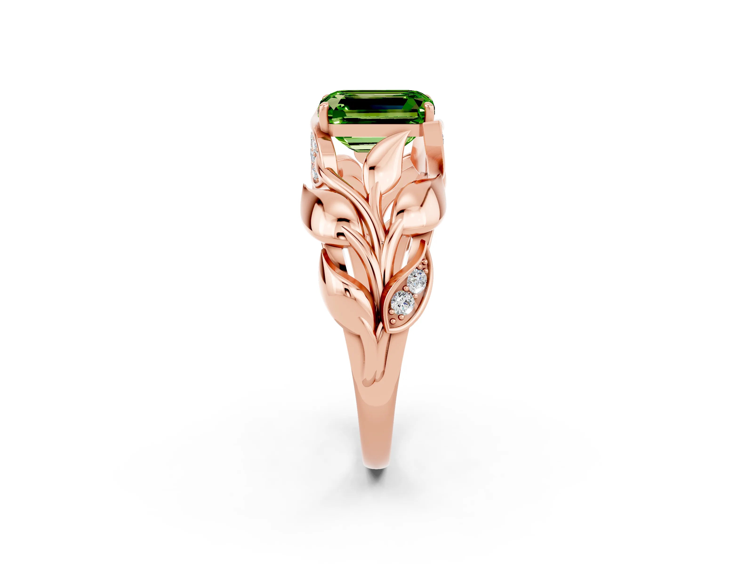 Rose gold Emerald Cut Solitaire Leaf-Inspired Engagement Ring with Prong Setting_2