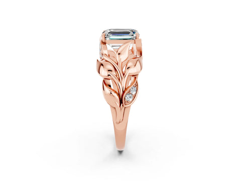 Rose gold Emerald Cut Solitaire Leaf-Inspired Engagement Ring with Prong Setting_2