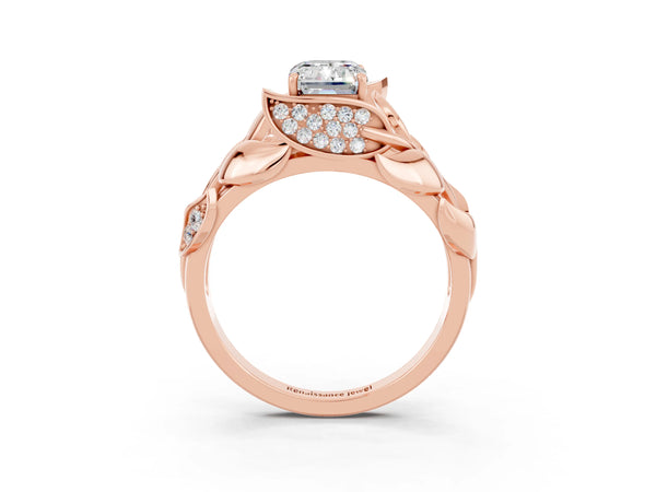 Rose gold Emerald Cut Moissanite Leaf-Inspired Engagement Ring with Round Accents and Prong Setting