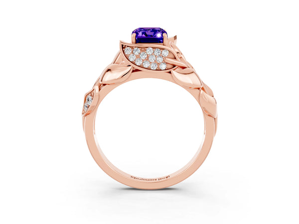 Rose gold Emerald Cut Tanzanite Leaf-Inspired Engagement Ring with Round Accents and Prong Setting