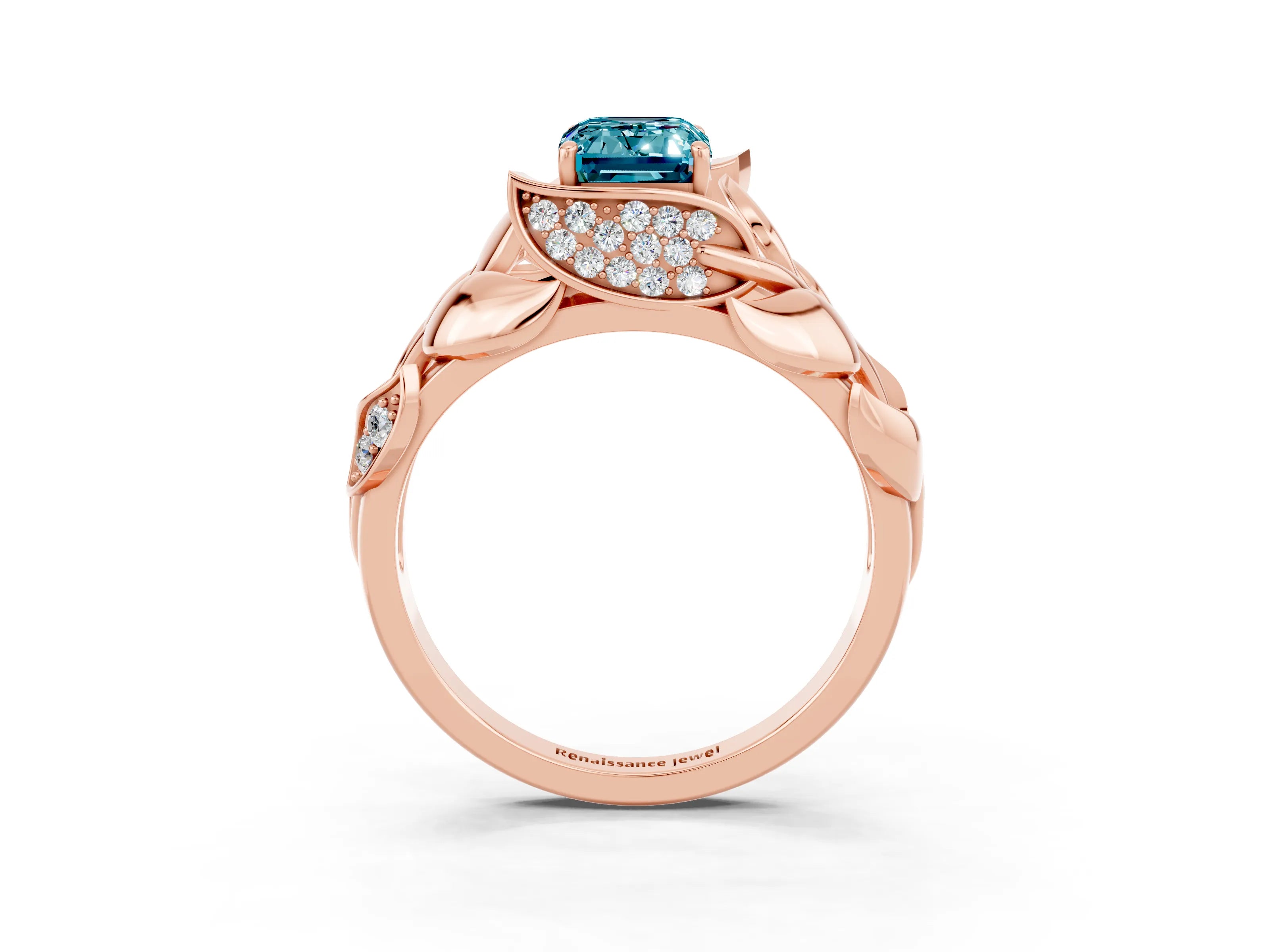 Rose gold Emerald Cut Solitaire Leaf-Inspired Engagement Ring with Prong Setting_3
