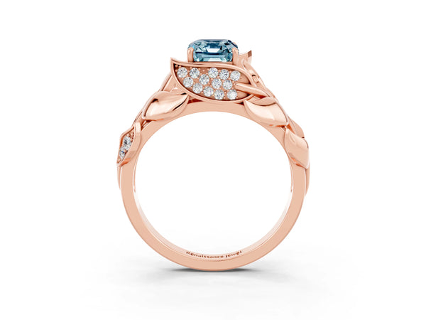 Rose gold Emerald Cut Aquamarine Leaf-Inspired Engagement Ring with Round Accents and Prong Setting