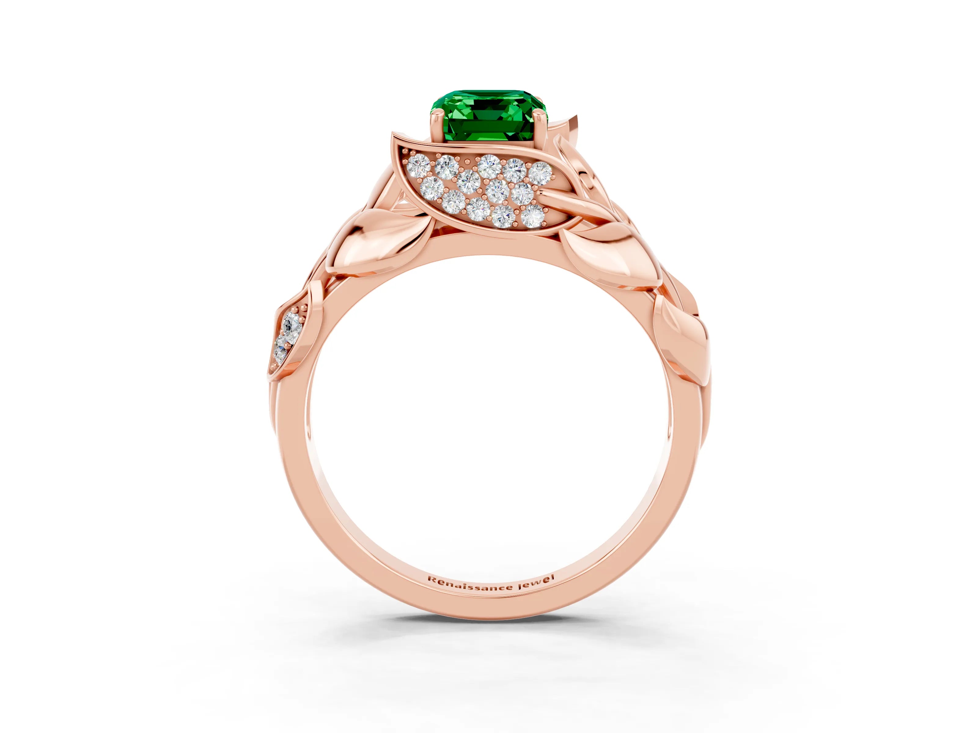 Rose gold Emerald Cut Solitaire Leaf-Inspired Engagement Ring with Prong Setting_3