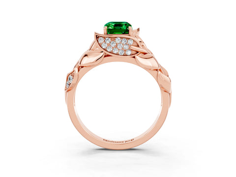Rose gold Emerald Cut Solitaire Leaf-Inspired Engagement Ring with Prong Setting_3
