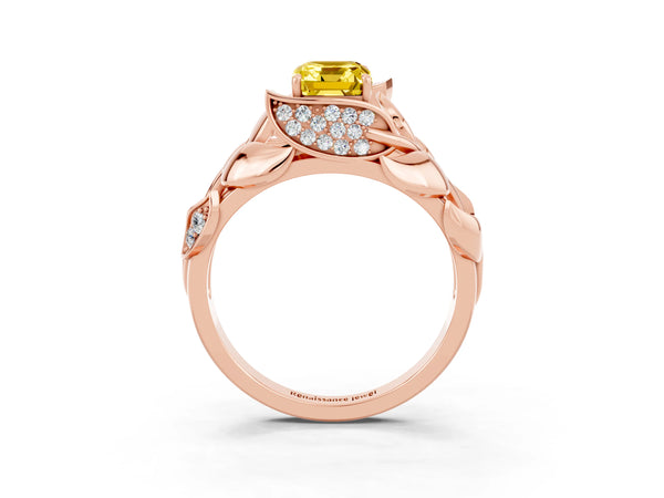 Rose gold Emerald Cut Yellow Sapphire Leaf-Inspired Engagement Ring with Round Accents and Prong Setting