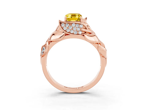 Rose gold Emerald Cut Solitaire Leaf-Inspired Engagement Ring with Prong Setting_3