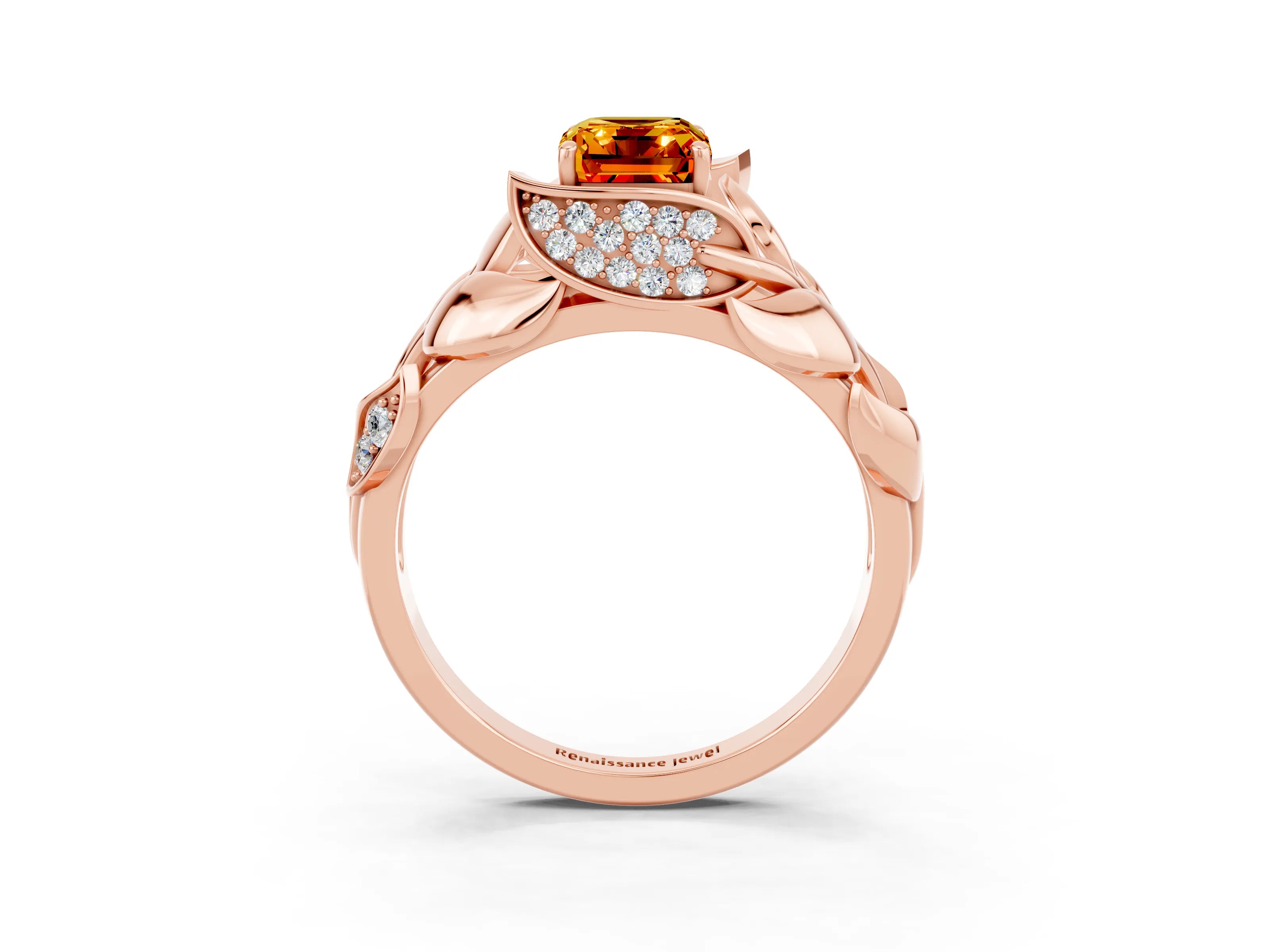 Rose gold Emerald Cut Solitaire Leaf-Inspired Engagement Ring with Prong Setting_3