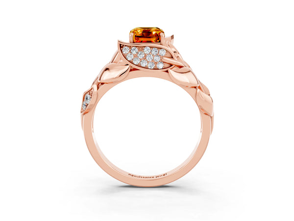 Rose gold Emerald Cut Citrine Leaf-Inspired Engagement Ring with Round Accents and Prong Setting
