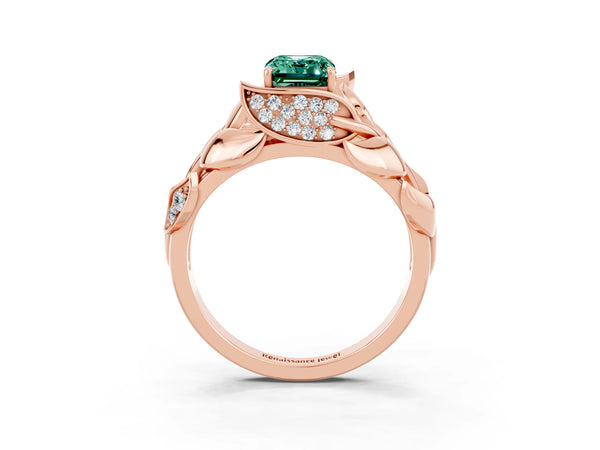 Rose gold Emerald Cut Green Sapphire Leaf-Inspired Engagement Ring with Round Accents and Prong Setting