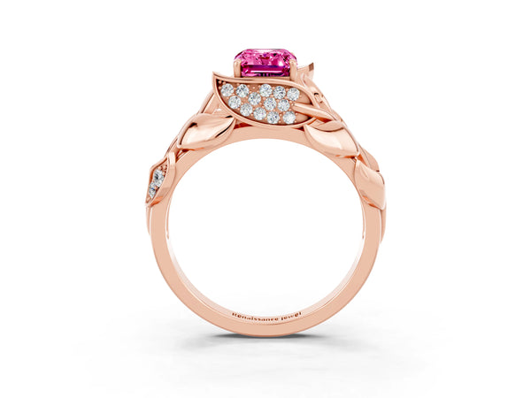 Rose gold Emerald Cut Pink Sapphire Leaf-Inspired Engagement Ring with Round Accents and Prong Setting