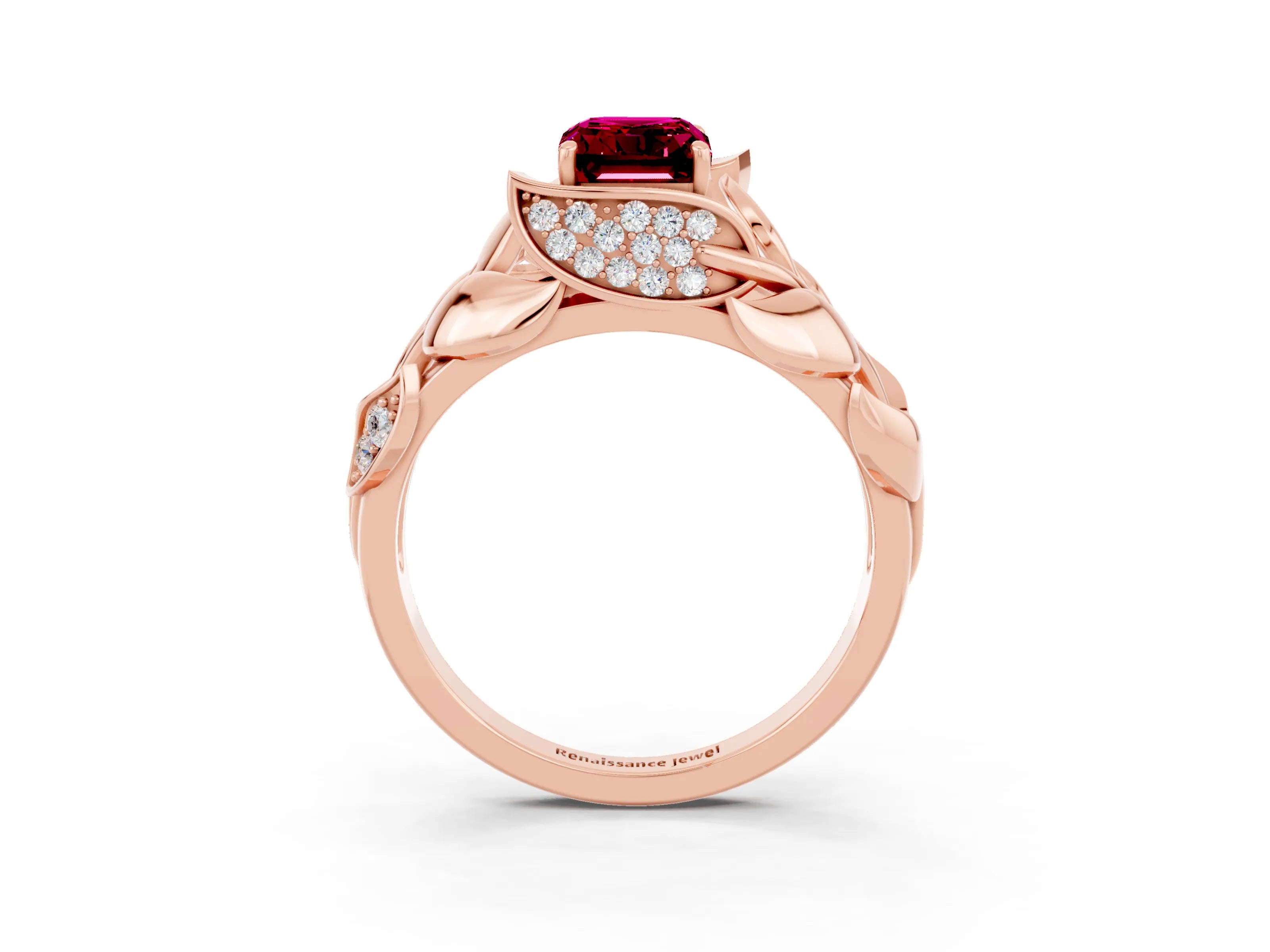 Rose gold Emerald Cut Solitaire Leaf-Inspired Engagement Ring with Prong Setting_3