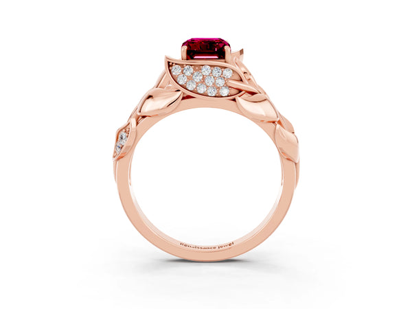 Rose gold Emerald Cut Garnet Leaf-Inspired Engagement Ring with Round Accents and Prong Setting