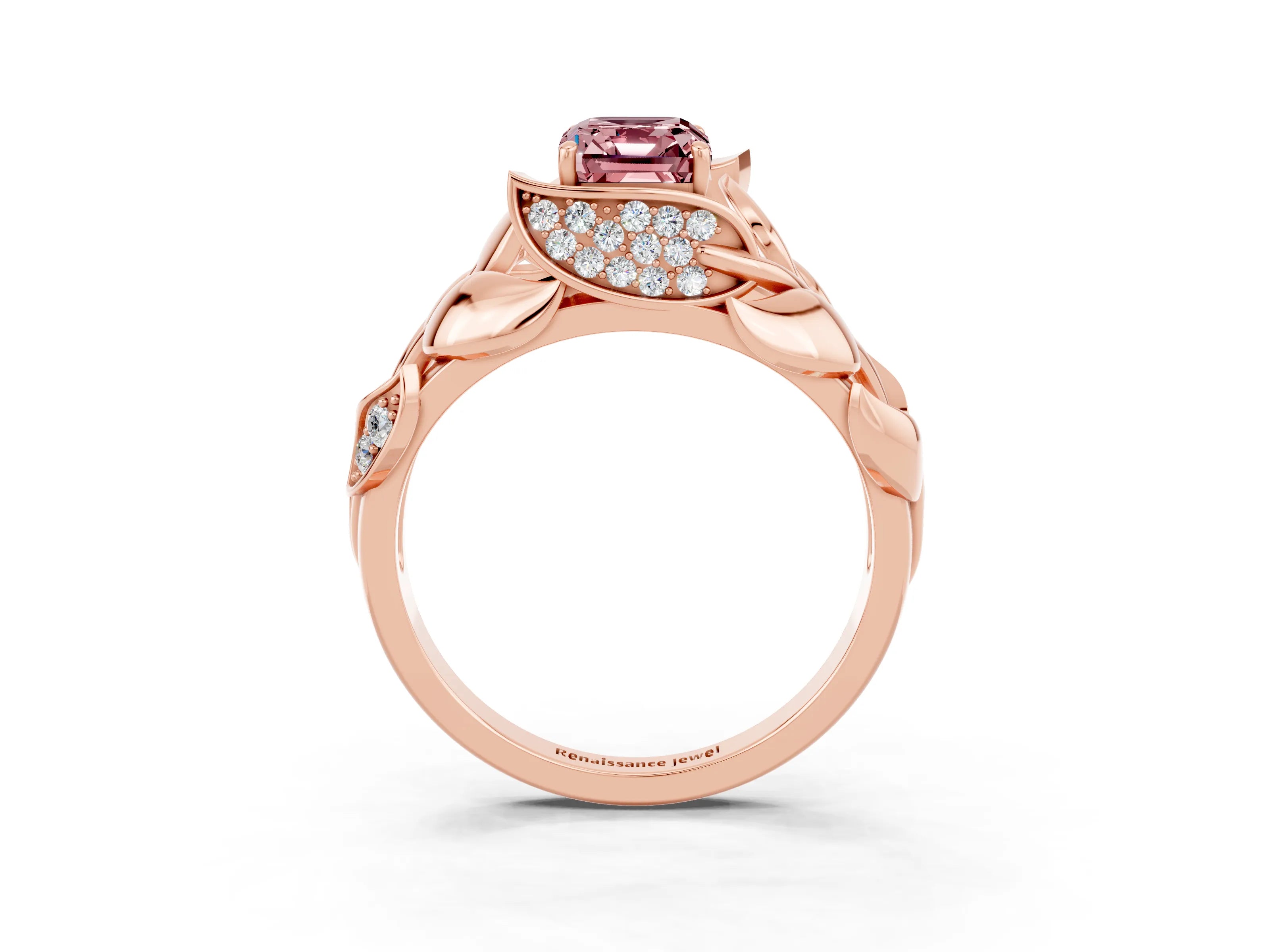 Rose gold Emerald Cut Solitaire Leaf-Inspired Engagement Ring with Prong Setting_3