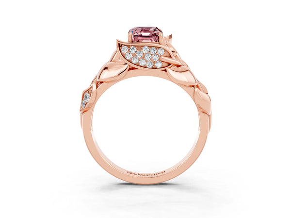 Rose gold Emerald Cut Solitaire Leaf-Inspired Engagement Ring with Prong Setting