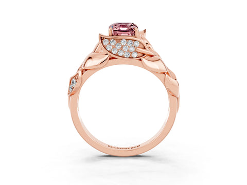 Rose gold Emerald Cut Solitaire Leaf-Inspired Engagement Ring with Prong Setting_3