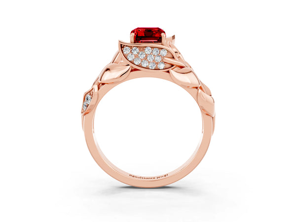 Rose gold Emerald Cut Ruby Leaf-Inspired Engagement Ring with Round Accents and Prong Setting