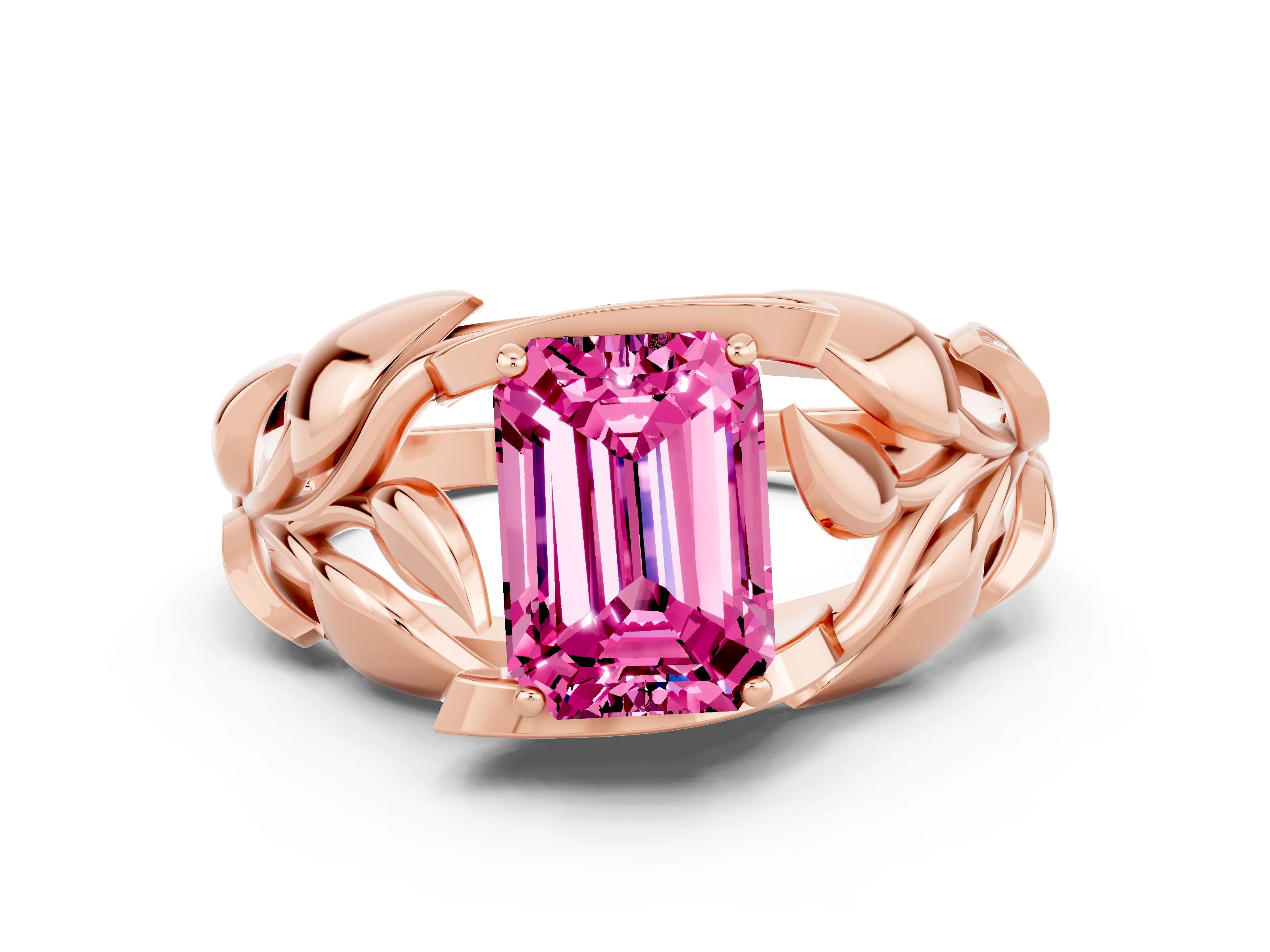 Rose gold Emerald Cut Solitaire Leaf-Inspired Engagement Ring with Prong Setting