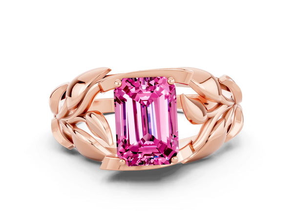 Rose gold Emerald Cut Pink Sapphire Leaf-Inspired Engagement Ring with Round Accents and Prong Setting