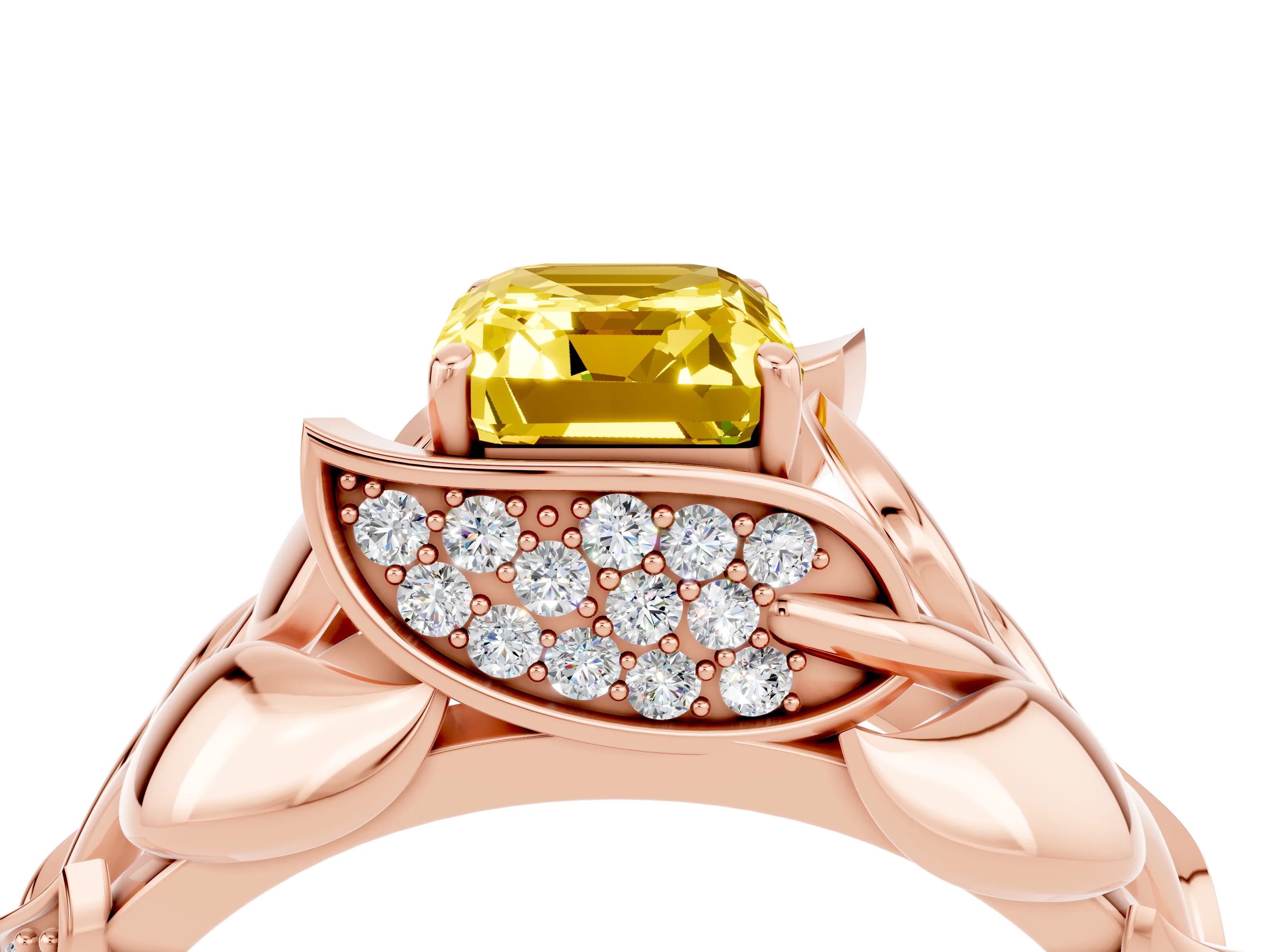 Rose gold Emerald Cut Solitaire Leaf-Inspired Engagement Ring with Prong Setting_4