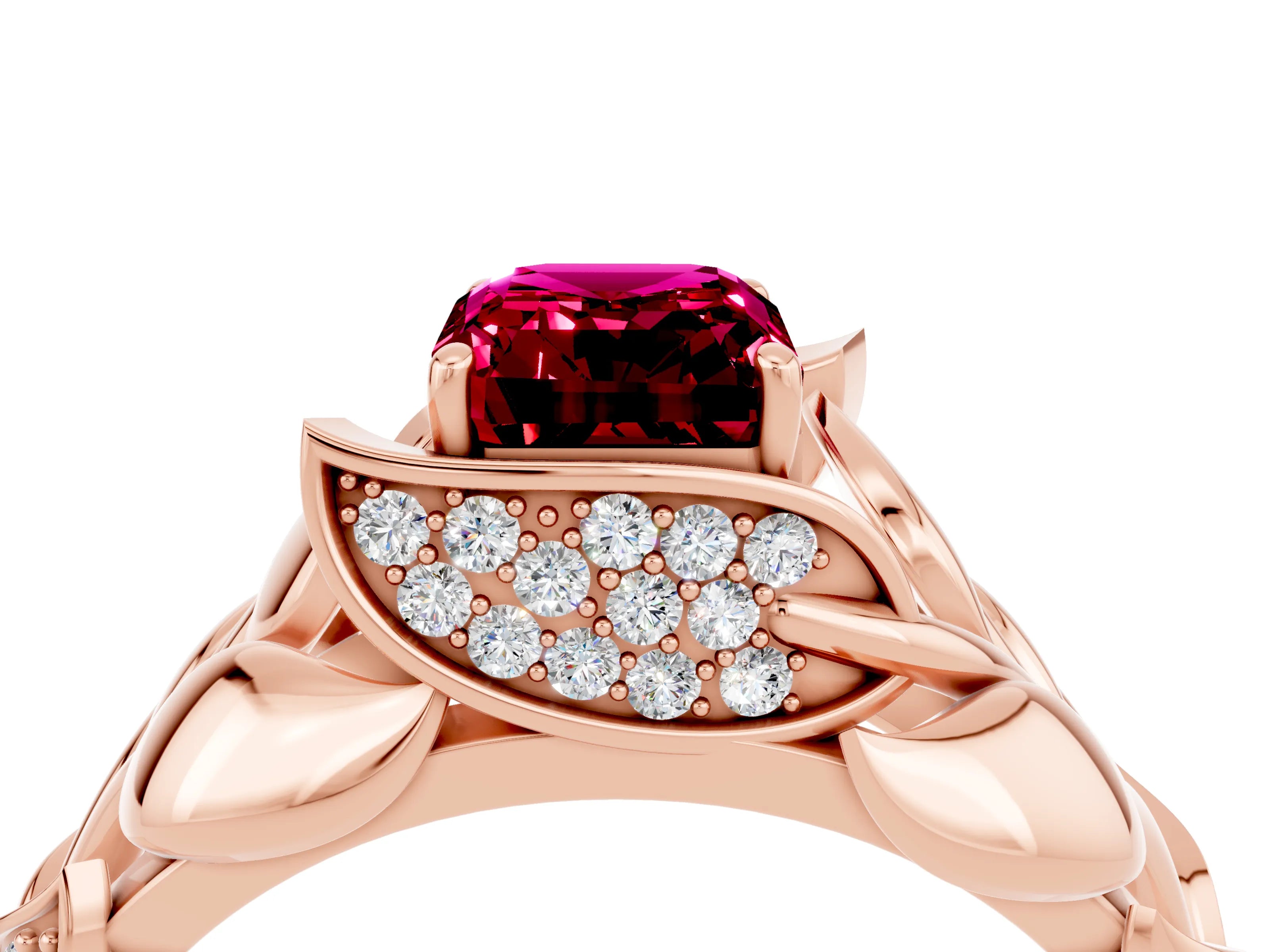Rose gold Emerald Cut Solitaire Leaf-Inspired Engagement Ring with Prong Setting_4