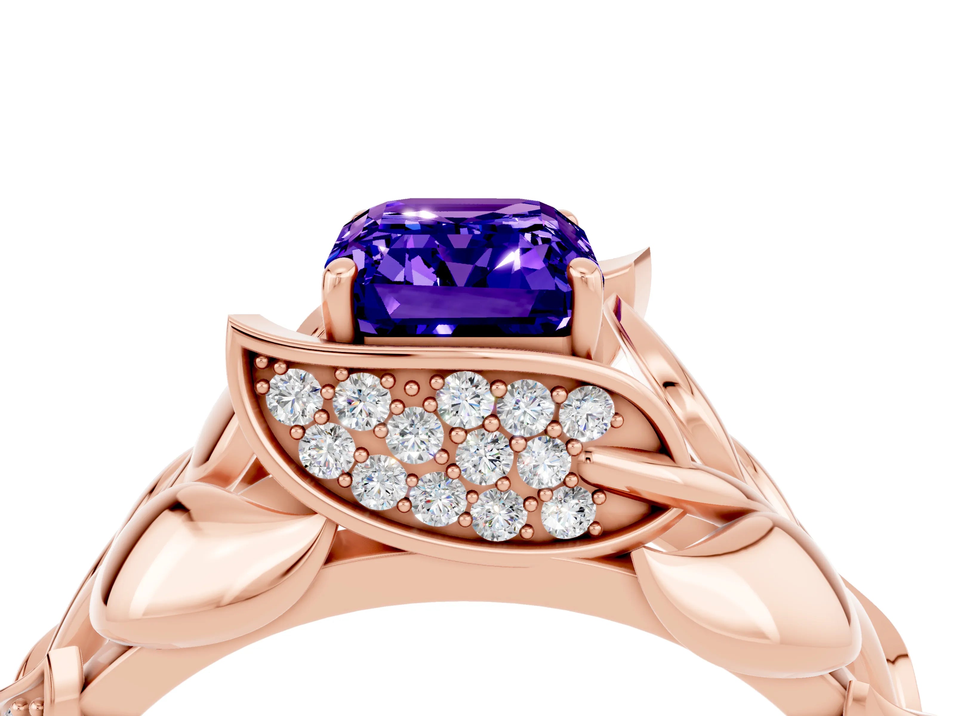 Rose gold Emerald Cut Solitaire Leaf-Inspired Engagement Ring with Prong Setting_4